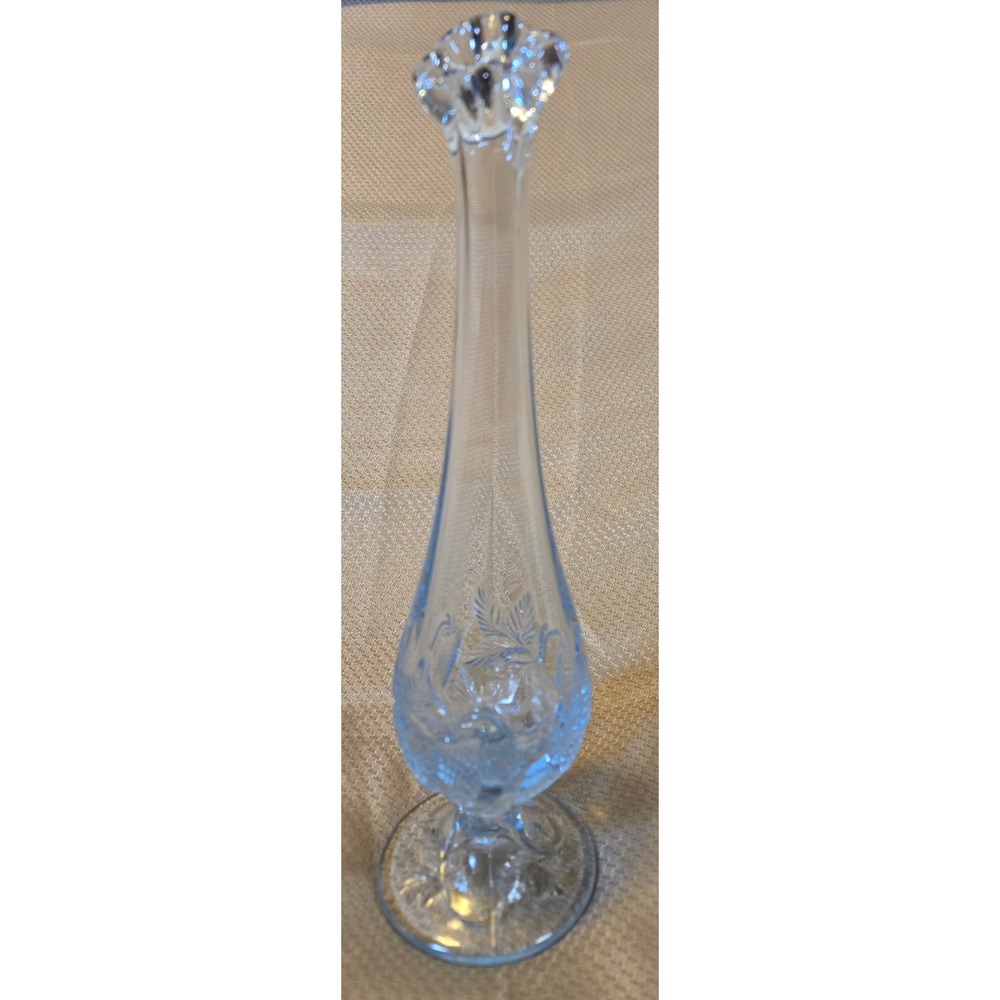 Vintage Light Blue Glass Bud Vase Footed Strawberry Embossed Fluted Rim 9.75in